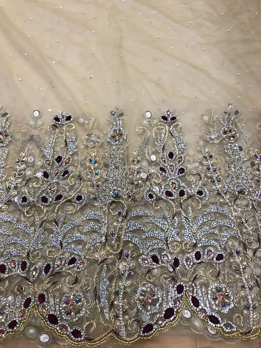 Golde Color French Net Lace Crystal Stone Beaded Applique Design - AP0