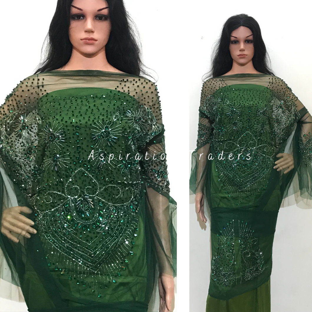 Gloomy Nigerian Green Crystal Stone French Beaded Sleeves Applique Blouse Patch - AB1014