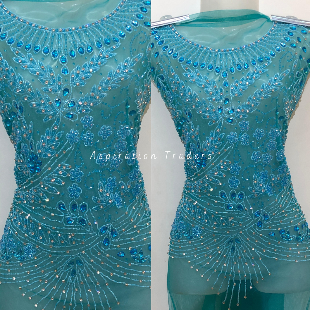 Fresh Sky Blue Rhinestone French Beaded Applique Blouse Patch - AB1022