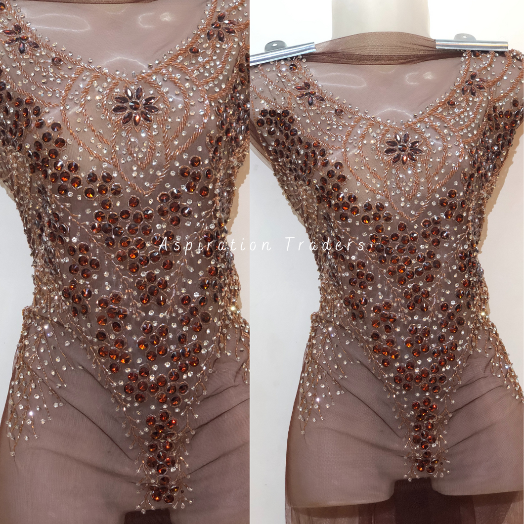 Rich Brown Heavy Rhinestone Beaded Applique Blouse Patch - AB1023