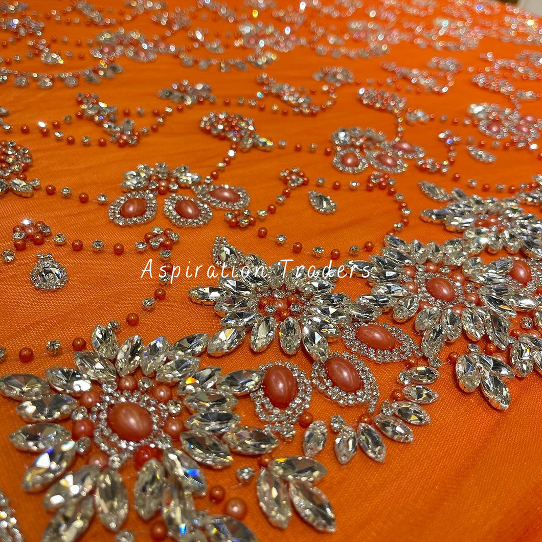 Flaming Orange with Crystal Stone  Beaded  Designer Applique Set - AP112