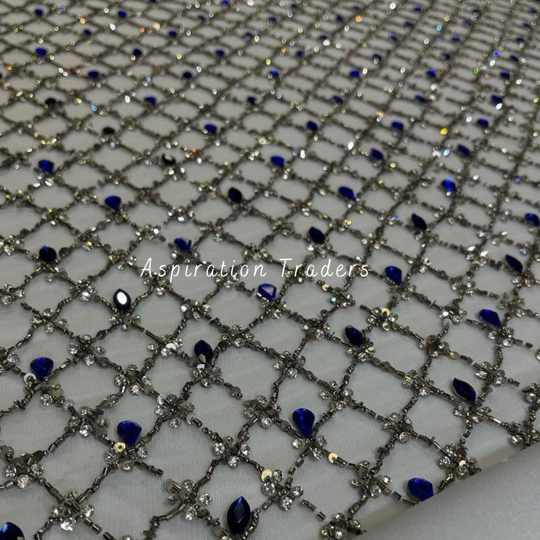 Elegant Grey Classic Bling Beaded with Royal Blue Rhinestone work Designer Applique Set - AP114