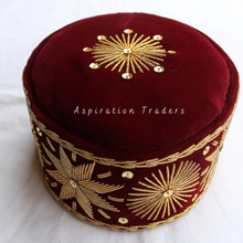 Load image into Gallery viewer, Maroon Igbo Cultural African Attire  Ozo Velvet Fabric Cap - AWC008
