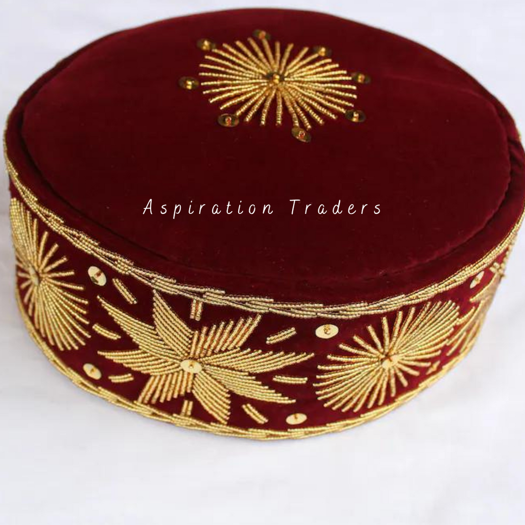 Maroon Igbo Cultural African Attire  Ozo Velvet Fabric Cap - AWC008