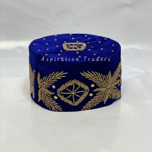 Load image into Gallery viewer, Royal Blue Nigerian Gold Beaded Velvet  African Wedding Hat - AWC009
