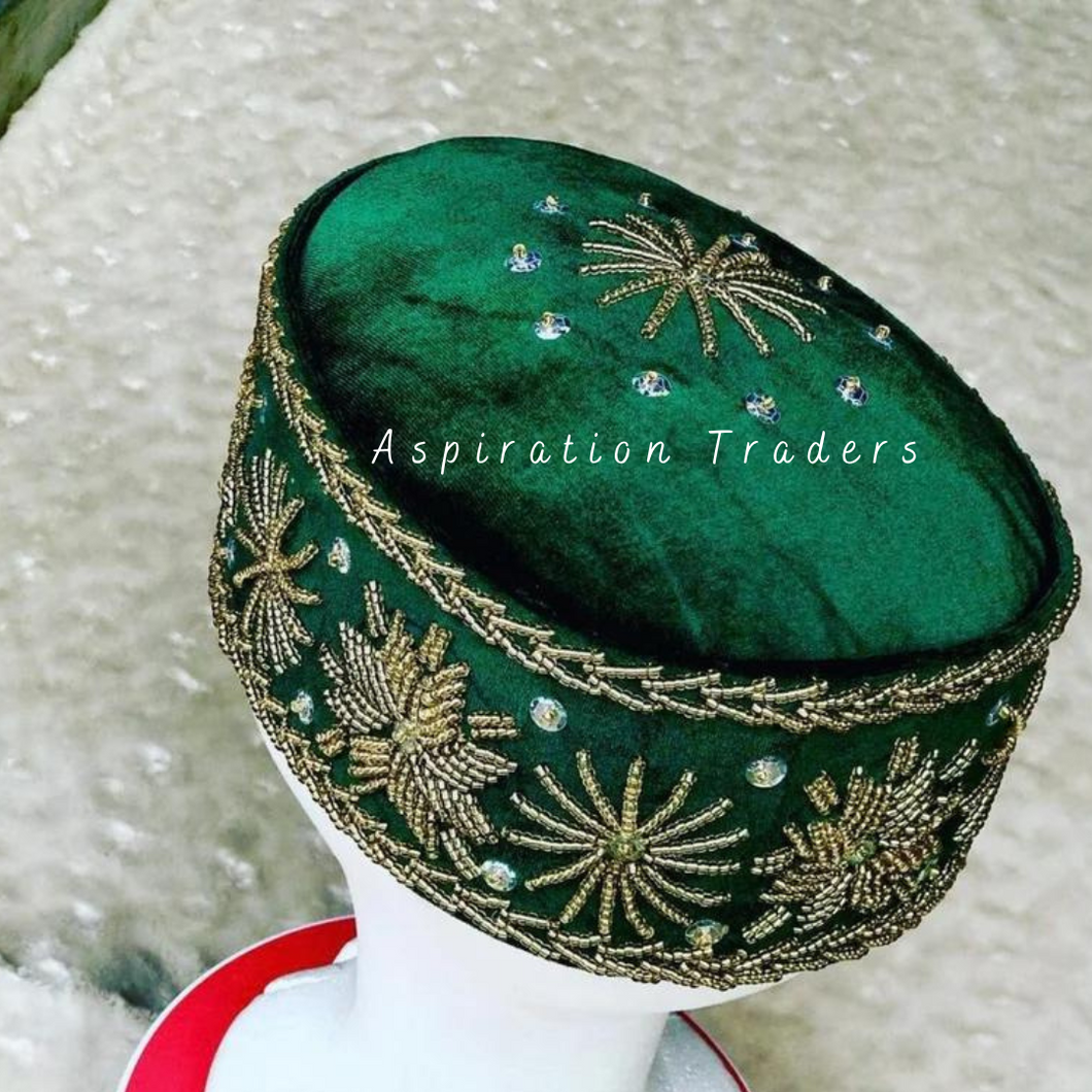 Fresh Green Gold Bling & Stone work African Wedding Latest Traditional Hat - AWC010