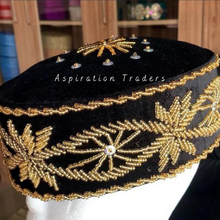 Load image into Gallery viewer, Hand Beaded Black Igbo Traditional Wedding Velvet Fabric Hard Hat - AWC011
