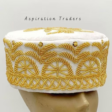 Load image into Gallery viewer, Elegant White Gold Beaded Velvet Fabric African Wedding Hat  - AWC012
