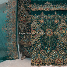 Load image into Gallery viewer, Gorgeous Teal Green Heavy Beaded NET George Wrapper set with blouse - NLDG216
