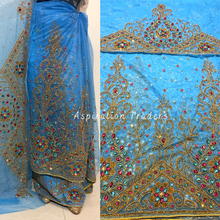 Load image into Gallery viewer, Alluring Sky Blue Crystal Stone Beaded Designer Net Lace George Wrapper Set- NLDG260
