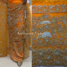 Load image into Gallery viewer, Fresh Orange Heavy Crystal Stone Beaded Designer Net Lace George Wrapper Set- NLDG263
