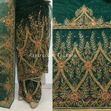 Load image into Gallery viewer, Splashy Nigerian Green Gold &amp; Red Stone Beaded Net Lace George Wrapper Set - NLDG269
