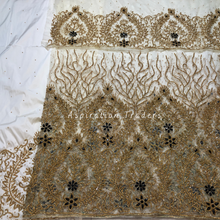 Load image into Gallery viewer, Warm White with Heavy Gold Stone Beaded Net Lace George Wrapper Set - NLDG272
