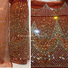 Load image into Gallery viewer, Stunning Burnt Orange Heavy Crystal Stone Beaded with Fringes work George Wrapper Set - NLDG274
