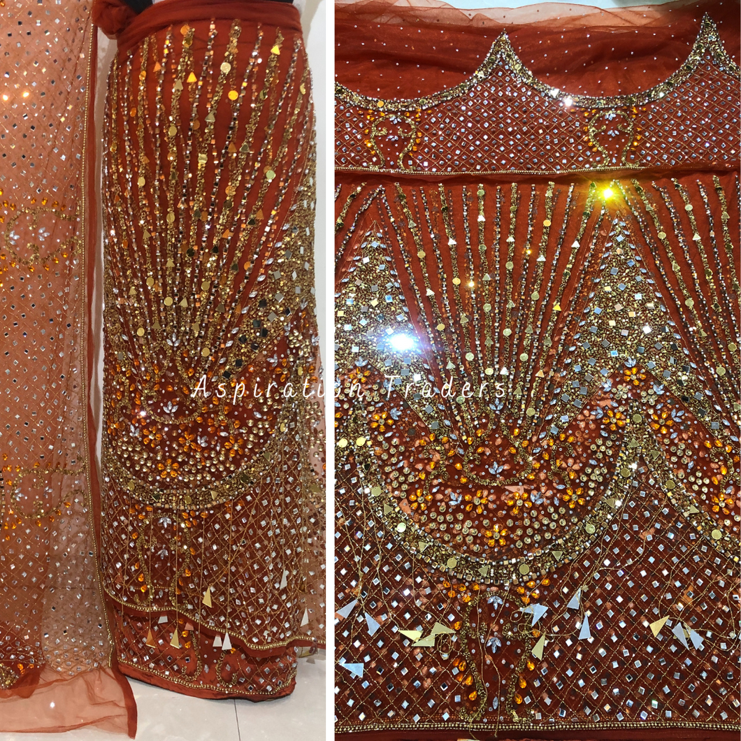 Stunning Burnt Orange Heavy Crystal Stone Beaded with Fringes work George Wrapper Set - NLDG274