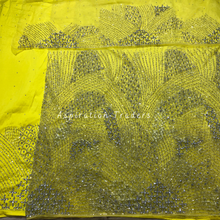 Load image into Gallery viewer, Neutral Yellow Heavy Crystal Stone Beaded Net Lace George Wrapper Set - NLDG276
