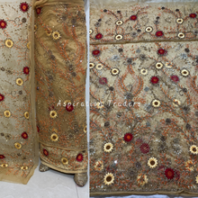 Load image into Gallery viewer, Stunning Gold French Beaded With Flower Work Designer George Wrapper Set - NLDG280
