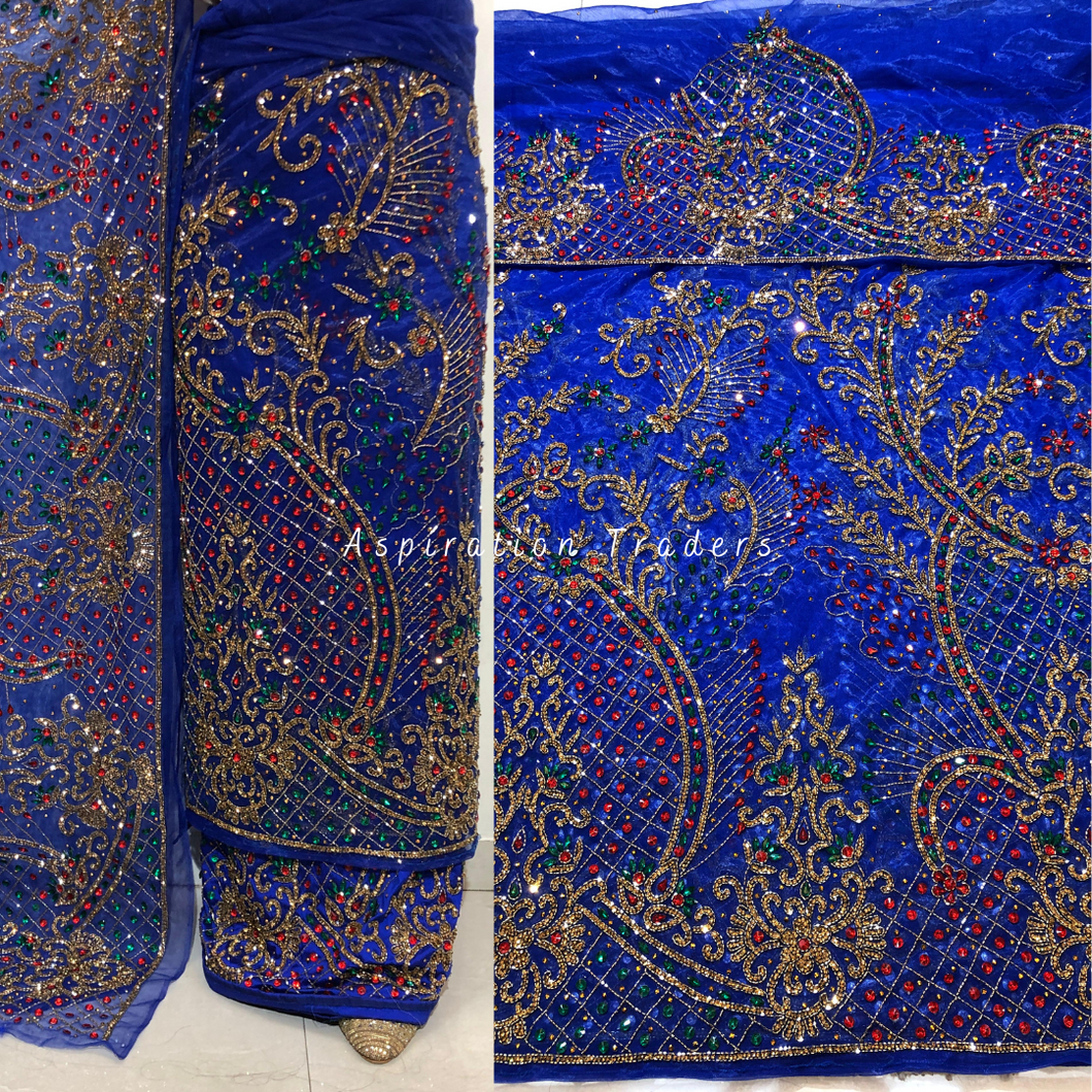 Snazzy Royal Blue Multi Colour Crystal Stone  Beaded  George Wrapper Set with  Blouse   - NLDG308