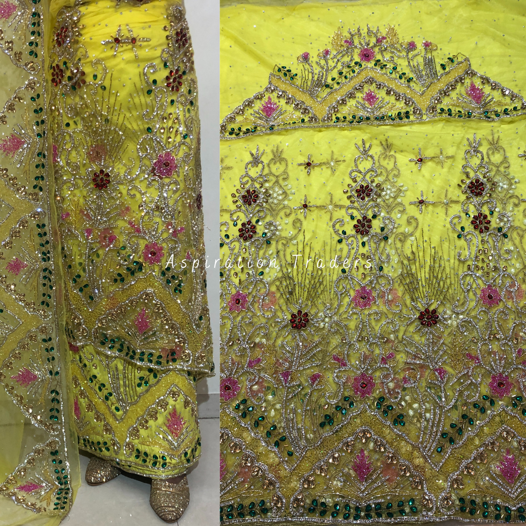 Exclusive Yellow Heavy Multi Colour Crystal Stone Beaded Net Lace George Wrapper Set with  Blouse   - NLDG309