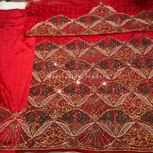 Load image into Gallery viewer, Stunning Red Heavy Crystal Stone Net Lace George Wrapper Set with  Blouse   - NLDG311
