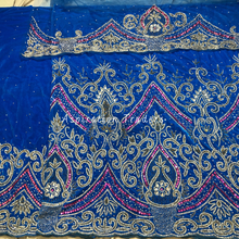 Load image into Gallery viewer, Trendy Navy Blue Velvet With Heavy Silver &amp; Pink Stone Beaded George Wrapper set - VG063
