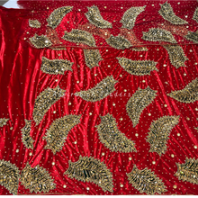 Load image into Gallery viewer, Hot Red Velvet Fabric With Heavy Feather Design Multi Crystal Stone Beaded George Wrapper Set - VG071
