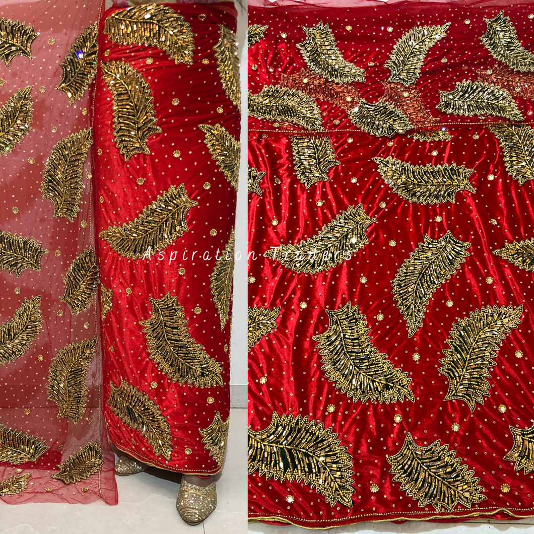 Hot Red Velvet Fabric With Heavy Feather Design Multi Crystal Stone Beaded George Wrapper Set - VG071