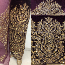 Load image into Gallery viewer, Ravishing Wine Heavy Crystal Gold Stone Beaded Velvet Nigerian George Wrapper Set - VG075
