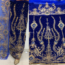 Load image into Gallery viewer, Smoky Royal Blue Trending Beaded Design On Velvet Fabric Nigerian George Wrapper Set - VG078
