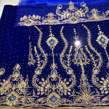 Load image into Gallery viewer, Smoky Royal Blue Trending Beaded Design On Velvet Fabric Nigerian George Wrapper Set - VG078
