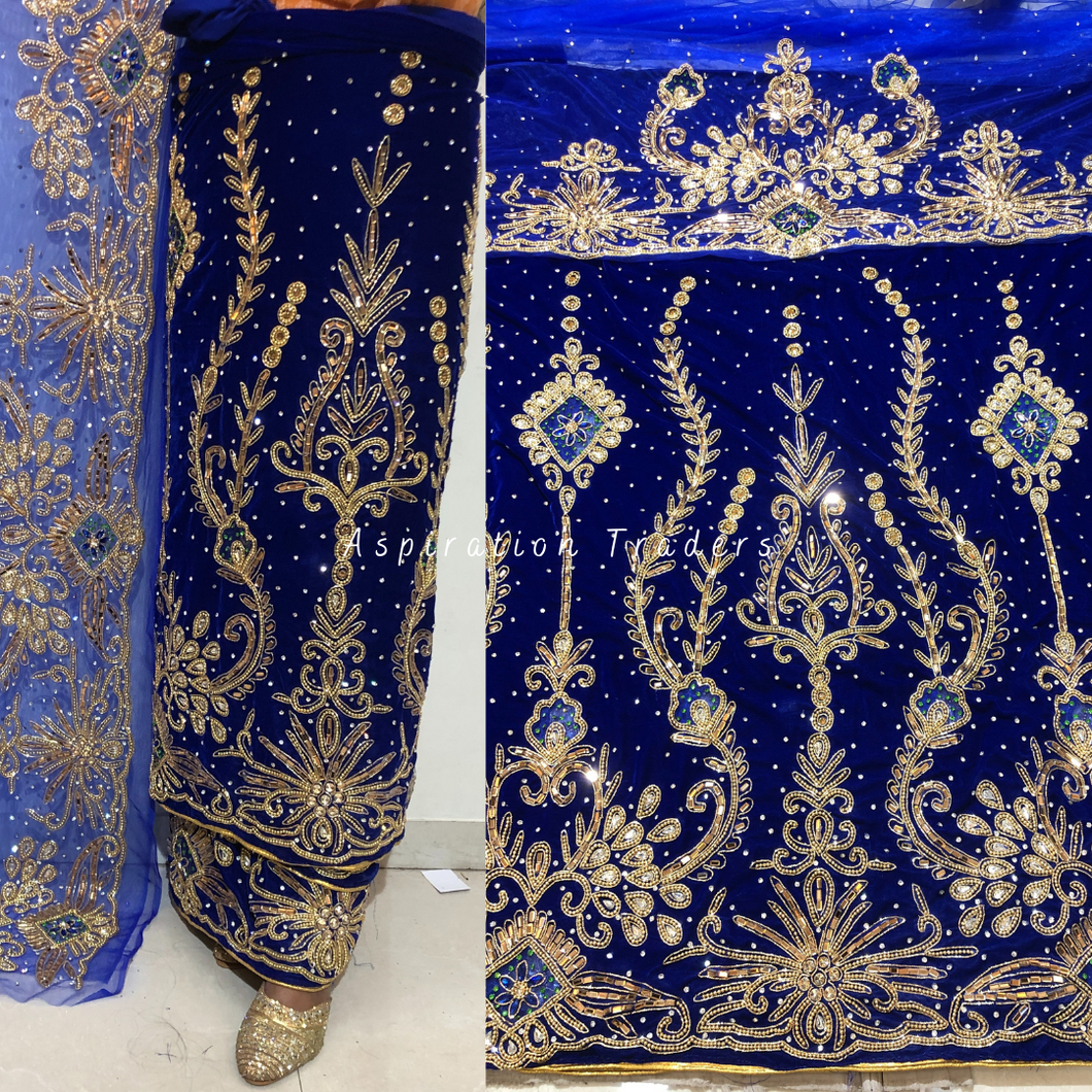 Smoky Royal Blue Trending Beaded Design On Velvet Fabric Nigerian George Wrapper Set - VG078