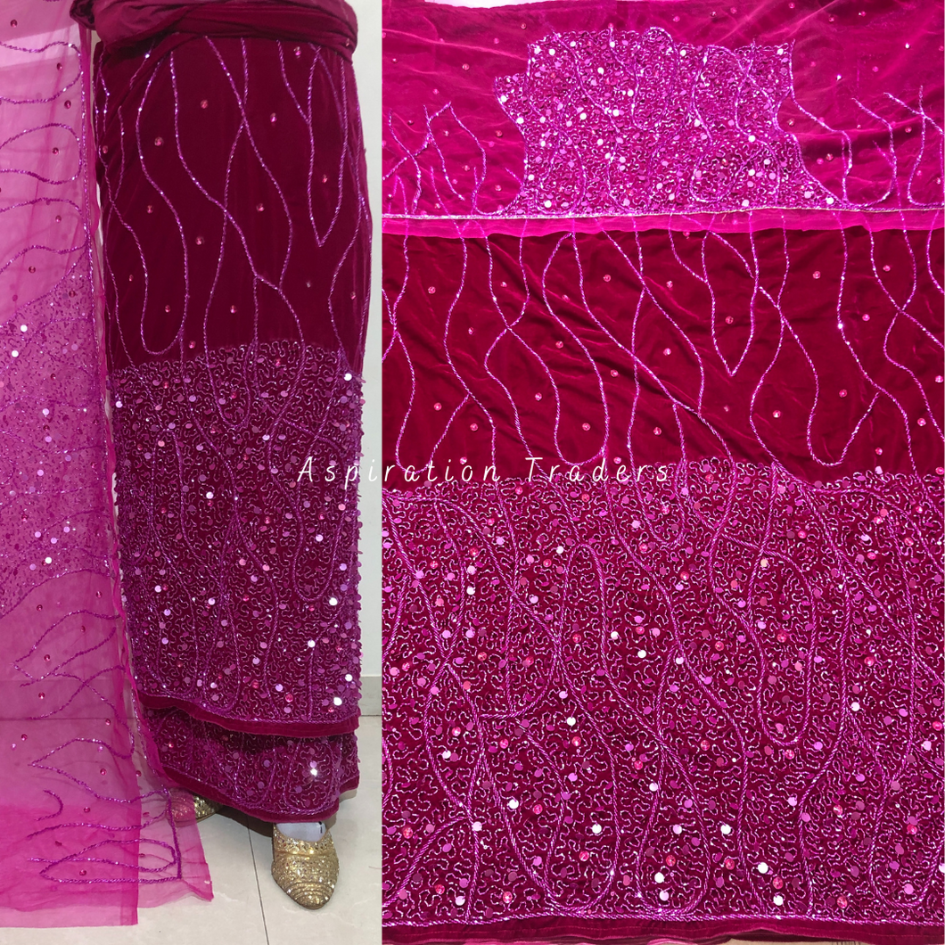 Graceful Fuchsia Pink Velvet Fabric with French Beaded George Wrapper Set - VG079