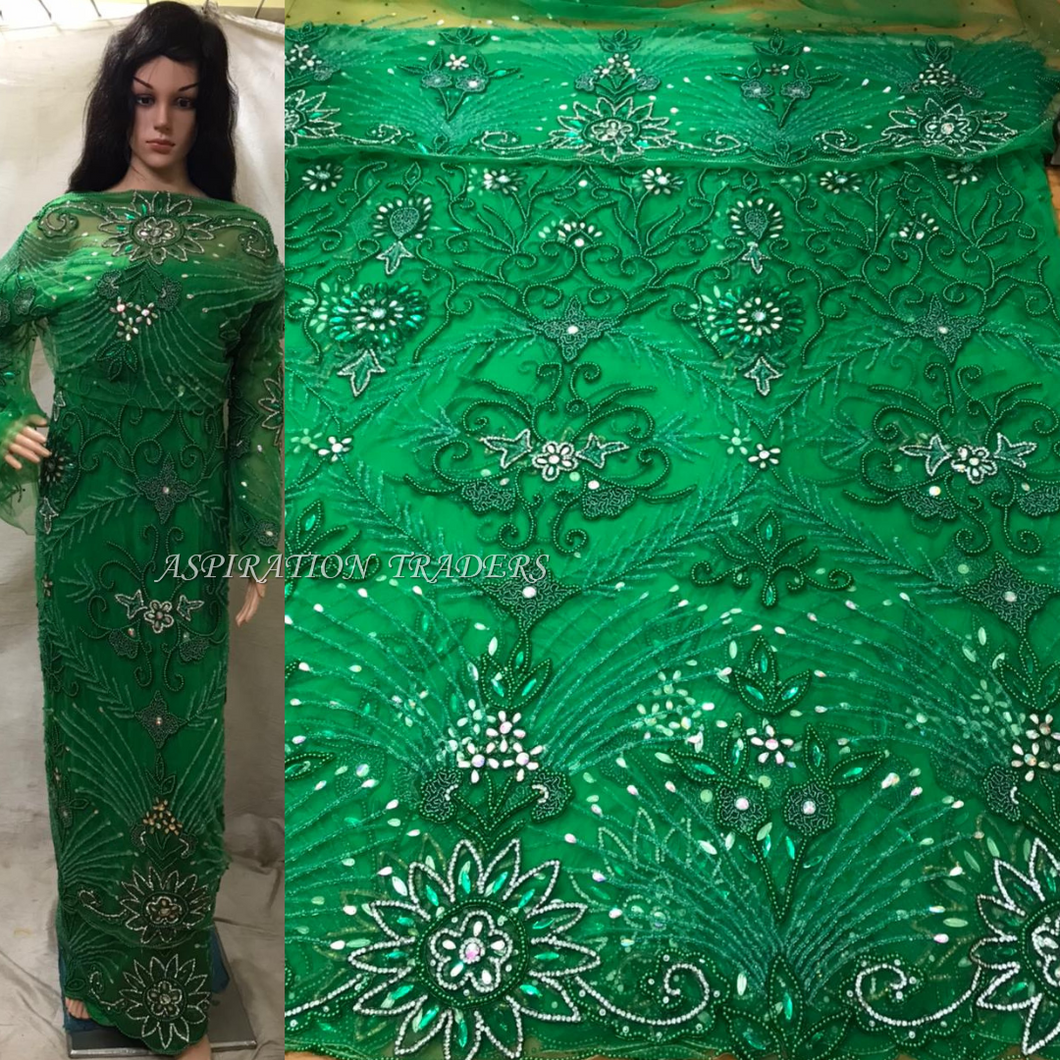 Beautiful Nigerian Green Color Pearl Beaded Net Lace Designer George - NLDG051